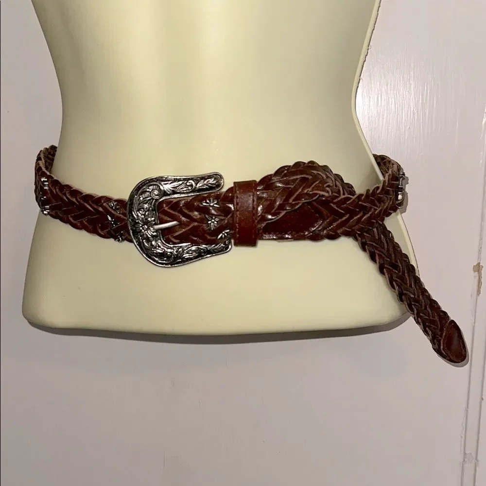Vintage Boho Western Woven Braided Brown Leather Belt‎ with Floral Silver Buckle